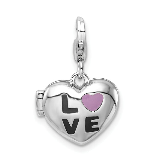 Sterling Silver Amore La Vita Rhodium-Plated Polished 3-D Enameled Cz Love Heart Locket Charm With Fancy Lobster Clasp