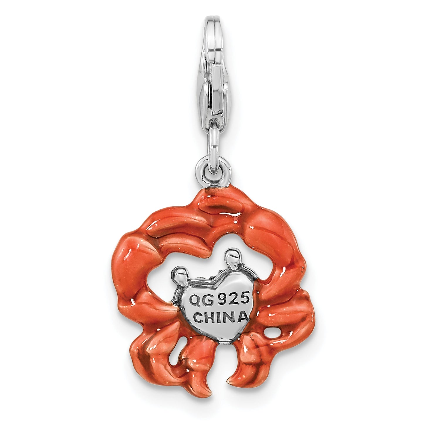 Sterling Silver Amore La Vita Rhodium-Plated Antiqued Enameled Crystal From Swarovski Heart Crab Charm With Fancy Lobster Clasp