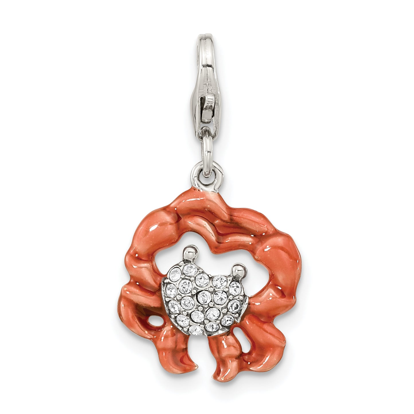 Sterling Silver Amore La Vita Rhodium-Plated Antiqued Enameled Crystal From Swarovski Heart Crab Charm With Fancy Lobster Clasp