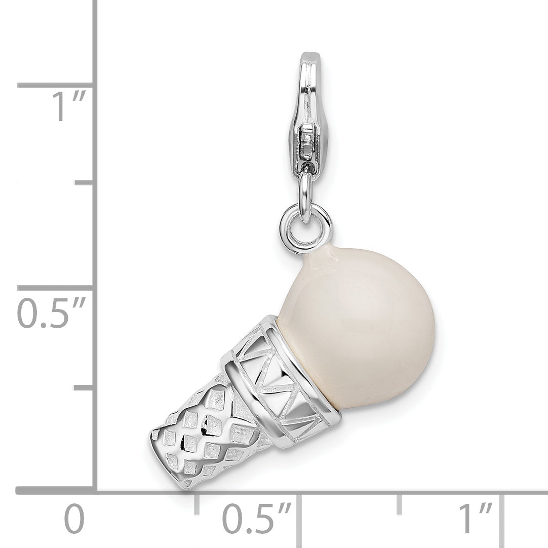 Sterling Silver Amore La Vita Rhodium-Plated Polished 3-D Enameled Ice Cream Cone Charm With Fancy Lobster Clasp