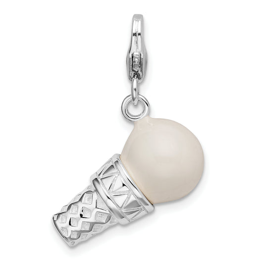 Sterling Silver Amore La Vita Rhodium-Plated Polished 3-D Enameled Ice Cream Cone Charm With Fancy Lobster Clasp