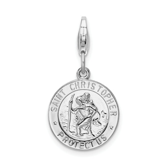 Sterling Silver Amore La Vita Rhodium-Plated Polished Saint Christopher Medal Charm With Fancy Lobster Clasp