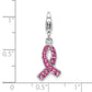 Sterling Silver Amore La Vita Rhodium-Plated Polished Stellux Crystal Pink Awareness Charm With Fancy Lobster Clasp