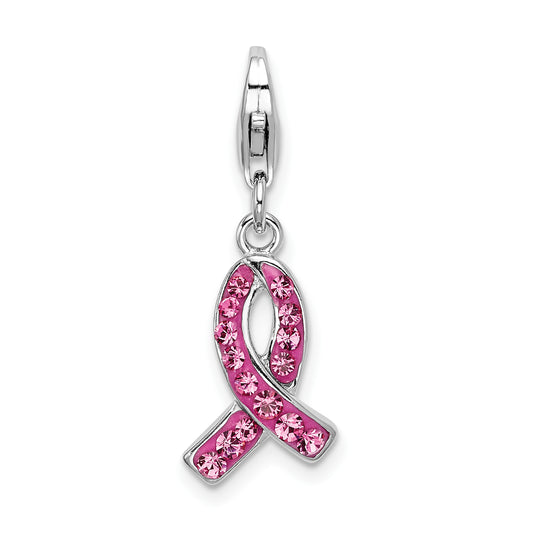 Sterling Silver Amore La Vita Rhodium-Plated Polished Stellux Crystal Pink Awareness Charm With Fancy Lobster Clasp