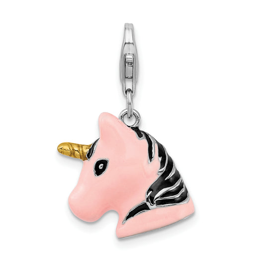 Sterling Silver Amore La Vita Rhodium-Plated Polished 3-D Pink Enameled Unicorn Head Charm With Fancy Lobster Clasp