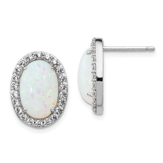 Sterling Silver Cheryl M Rhodium-Plated Cabochon Lab Created Opal And Brilliant-Cut Cz Oval Halo Post Earrings