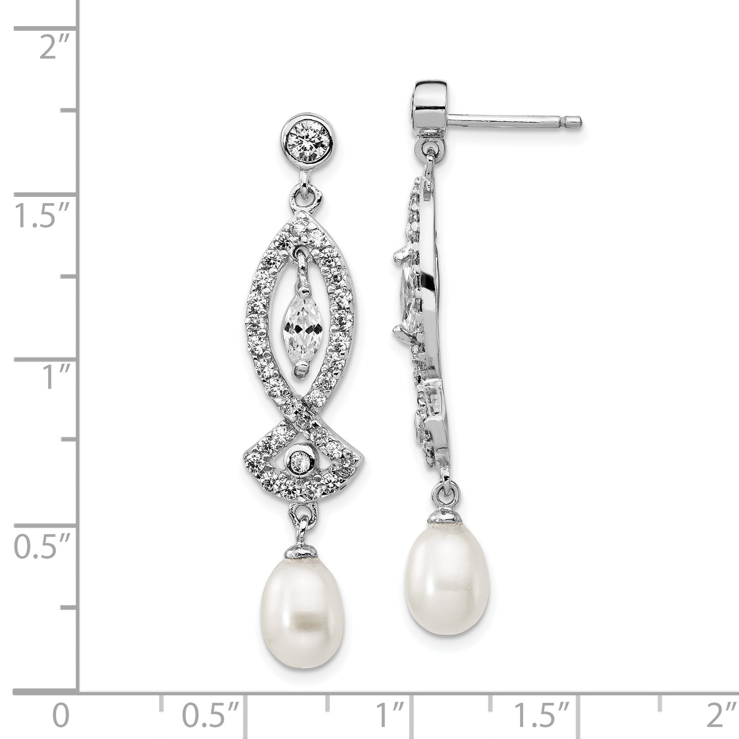 Sterling Silver Cheryl M Rhodium-Plated Teardrop Freshwater Cultured Pearl And Marquise-Cut/Brilliant-Cut Cz Post Dangle Earrings