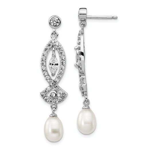 Sterling Silver Cheryl M Rhodium-Plated Teardrop Freshwater Cultured Pearl And Marquise-Cut/Brilliant-Cut Cz Post Dangle Earrings