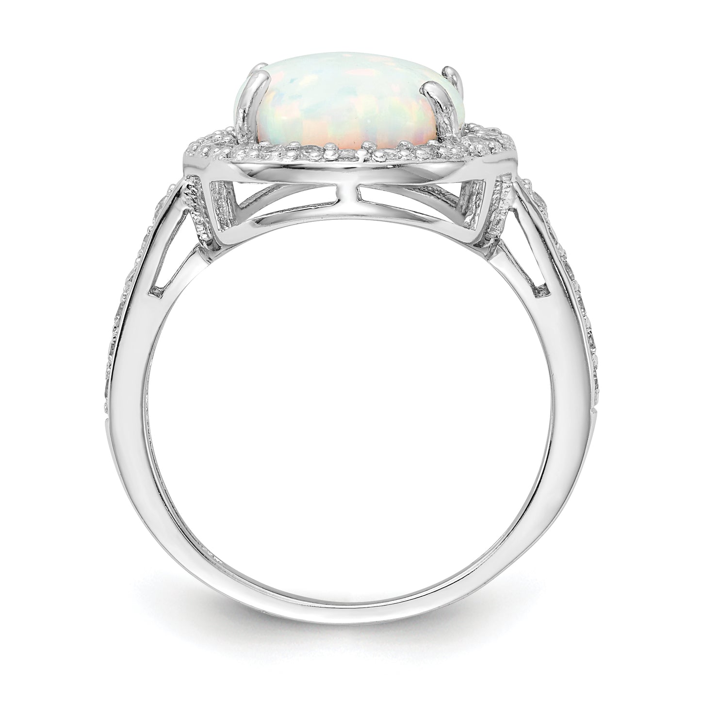 Sterling Silver Cheryl M Rhodium-Plated Cabochon Lab Created Opal And Brilliant-Cut Cz Oval Halo Ring