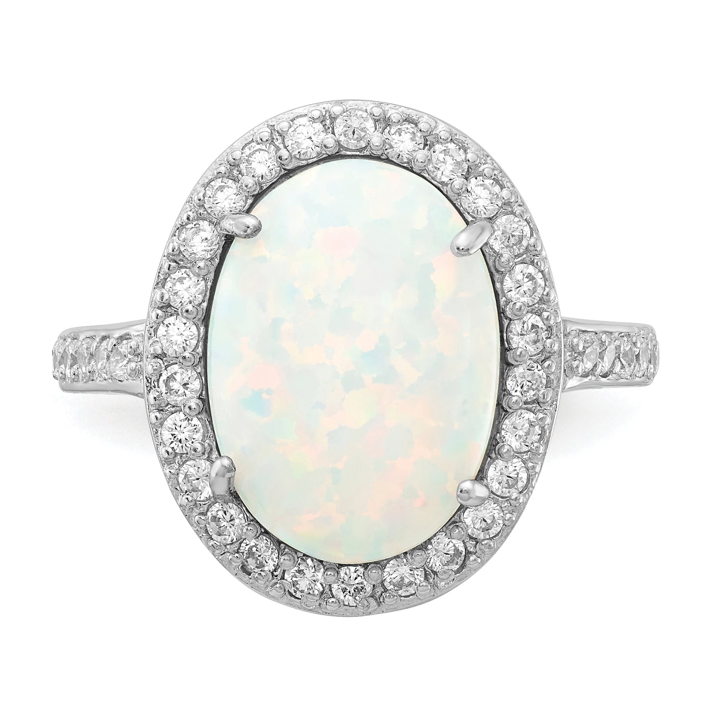 Sterling Silver Cheryl M Rhodium-Plated Cabochon Lab Created Opal And Brilliant-Cut Cz Oval Halo Ring