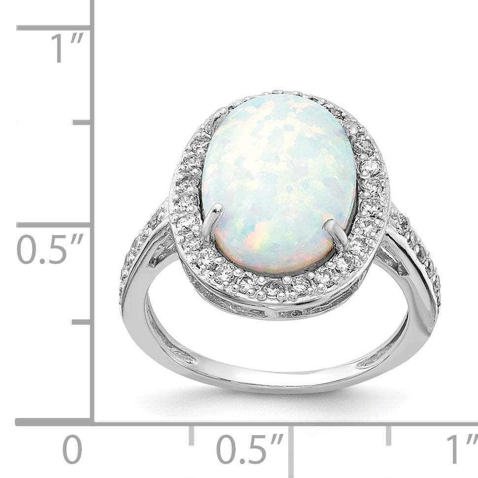 Sterling Silver Cheryl M Rhodium-Plated Cabochon Lab Created Opal And Brilliant-Cut Cz Oval Halo Ring