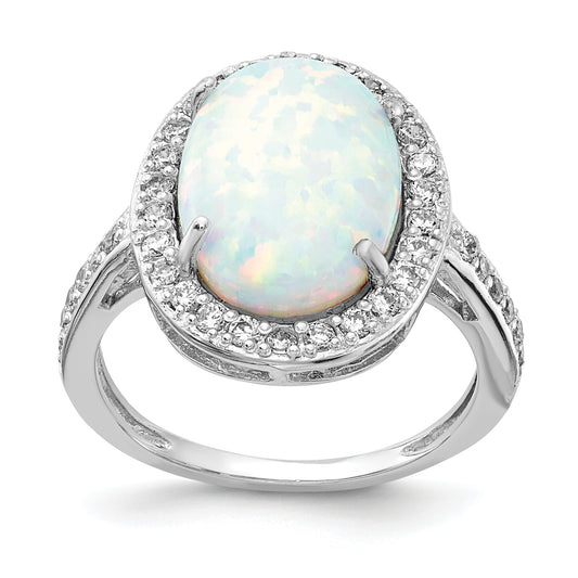 Sterling Silver Cheryl M Rhodium-Plated Cabochon Lab Created Opal And Brilliant-Cut Cz Oval Halo Ring