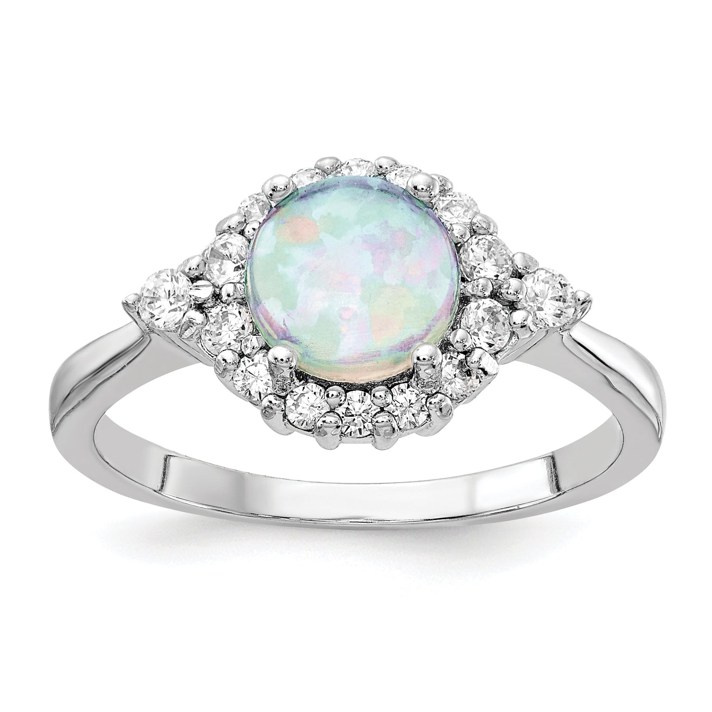 Sterling Silver Cheryl M Rhodium-Plated Cabochon Lab Created Opal And Brilliant-Cut Cz Ring