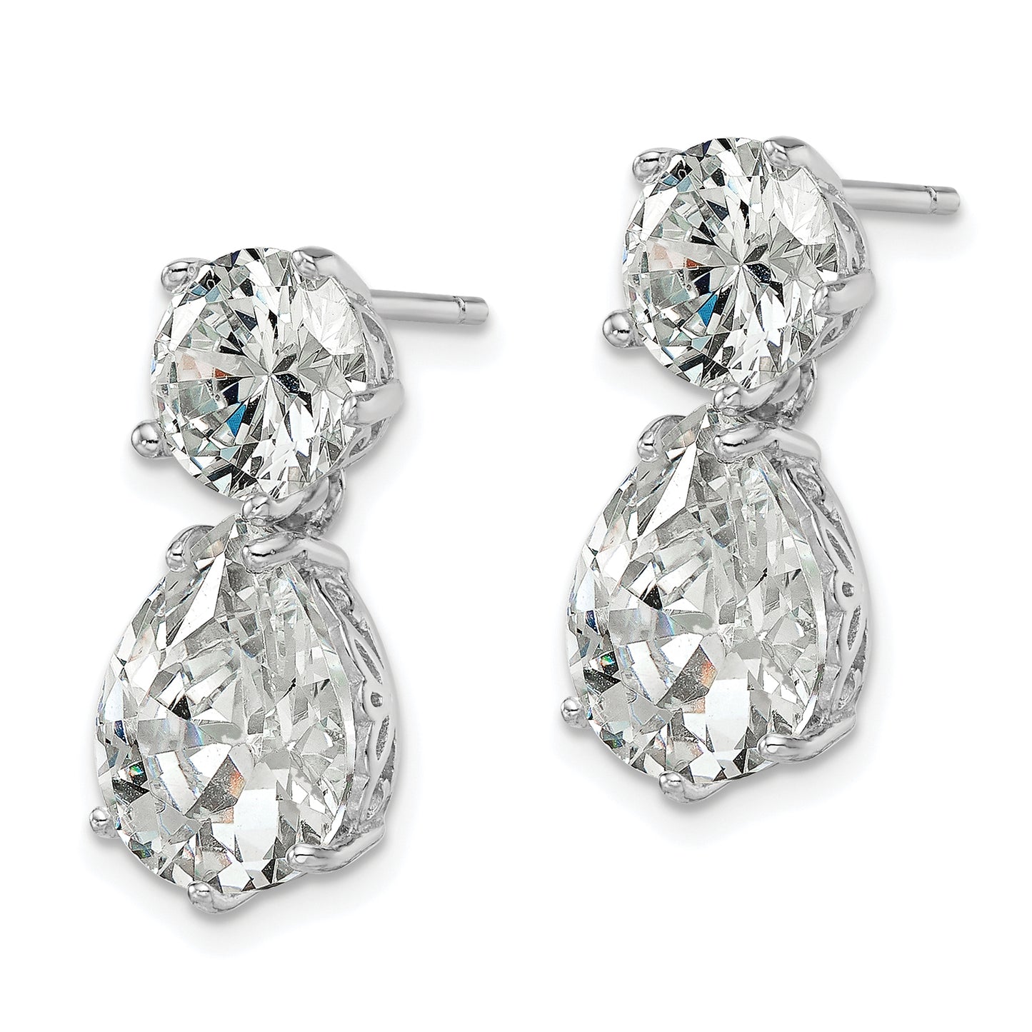 Sterling Silver Cheryl M Rhodium-Plated Brilliant-Cut Cz Round And Pear Shaped Post Dangle Earrings