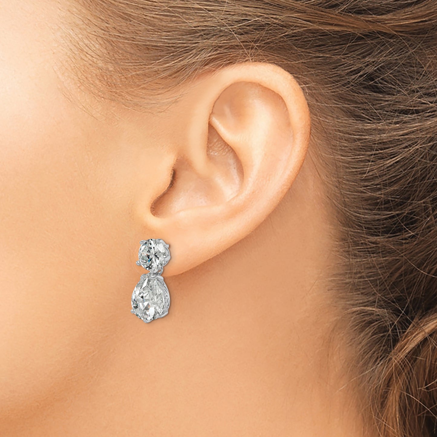 Sterling Silver Cheryl M Rhodium-Plated Brilliant-Cut Cz Round And Pear Shaped Post Dangle Earrings