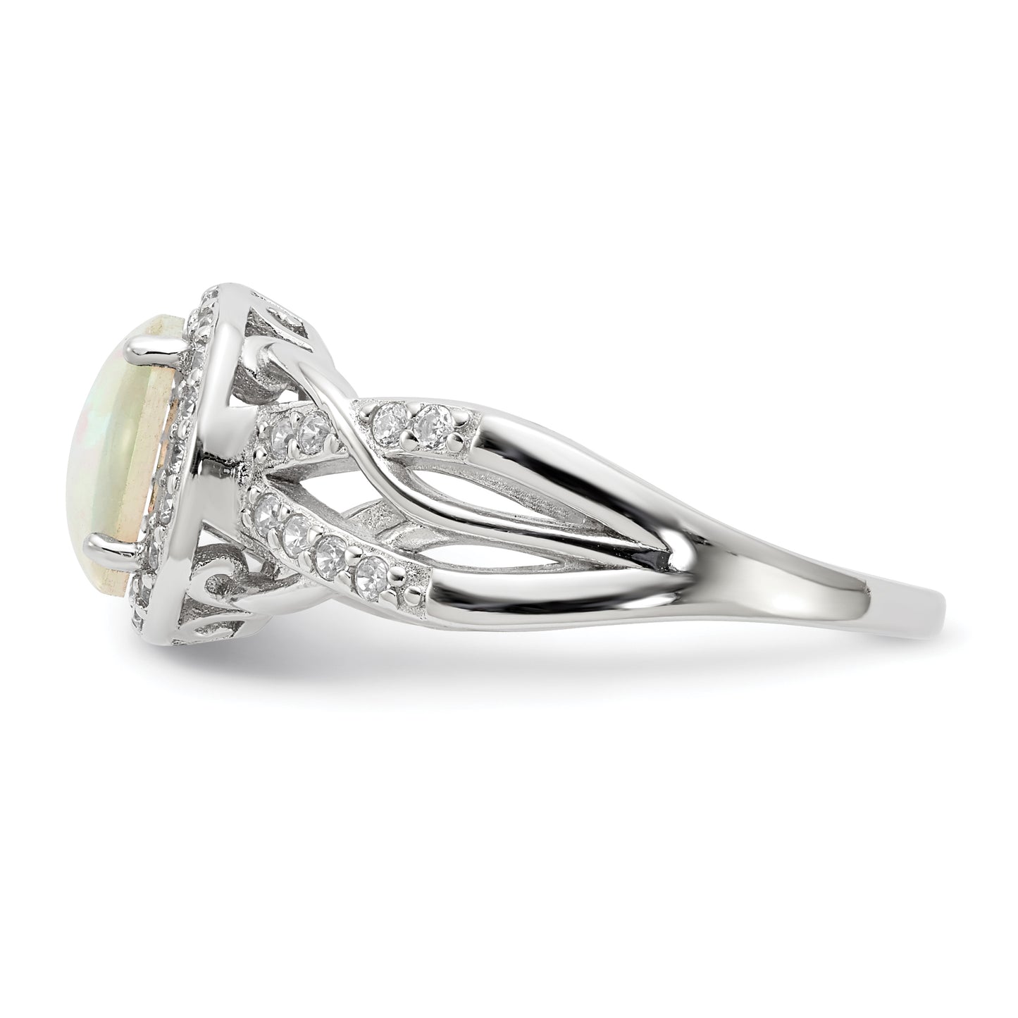 Sterling Silver Cheryl M Rhodium-Plated Cabochon Lab Created Opal And Brilliant-Cut Cz Woven Pattern Ring