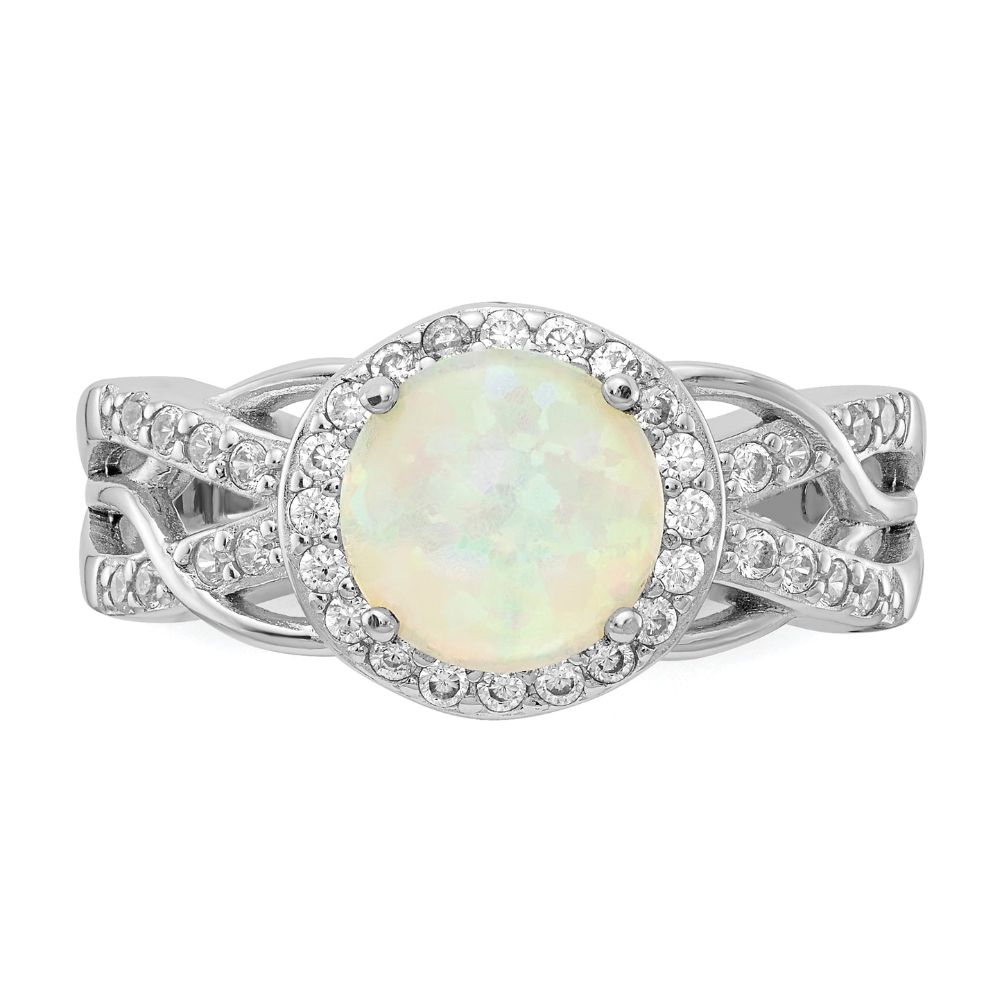 Sterling Silver Cheryl M Rhodium-Plated Cabochon Lab Created Opal And Brilliant-Cut Cz Woven Pattern Ring