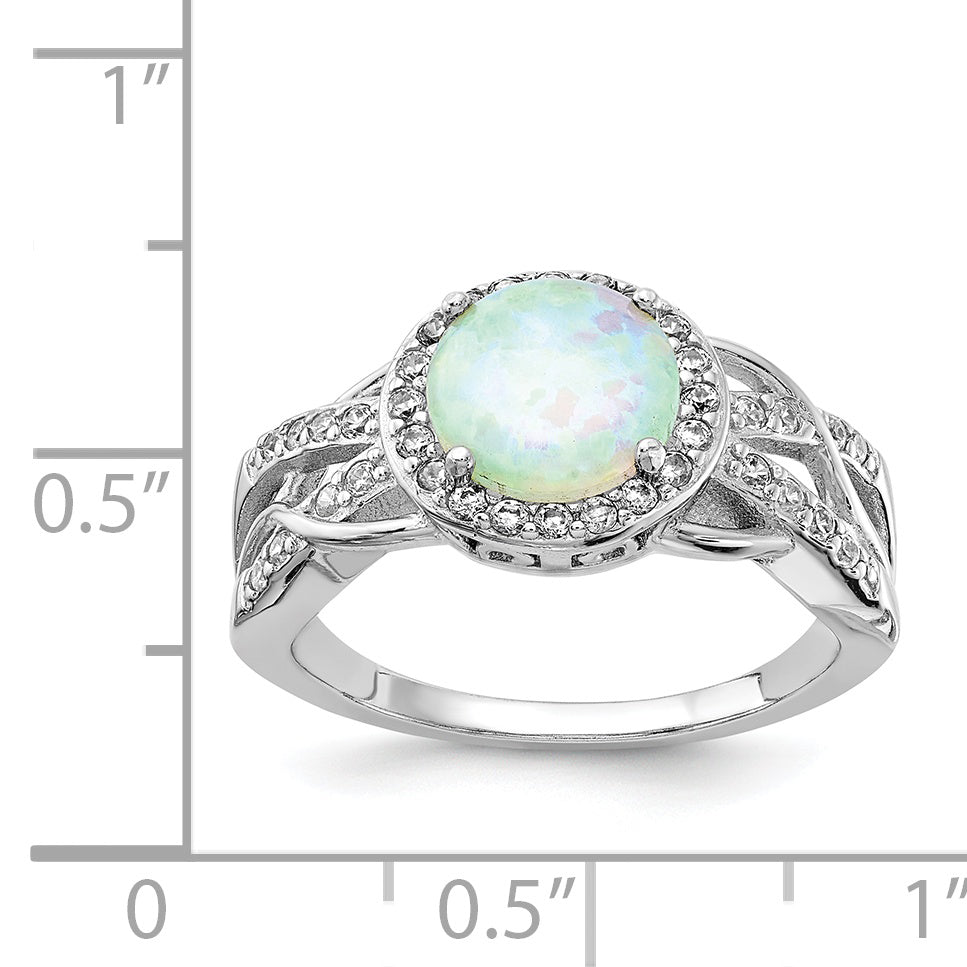 Sterling Silver Cheryl M Rhodium-Plated Cabochon Lab Created Opal And Brilliant-Cut Cz Woven Pattern Ring