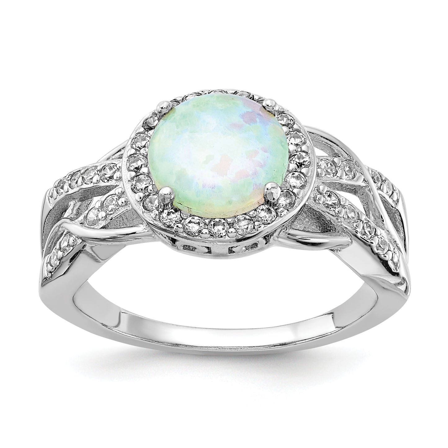 Sterling Silver Cheryl M Rhodium-Plated Cabochon Lab Created Opal And Brilliant-Cut Cz Woven Pattern Ring