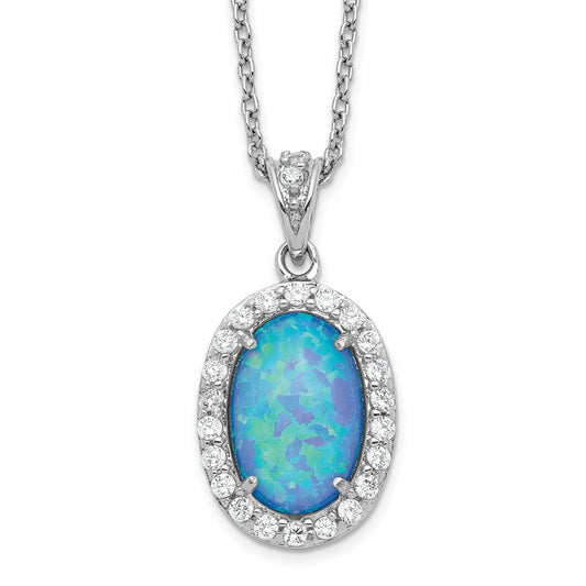 Sterling Silver Cheryl M Rhodium-Plated Cabochon Lab Created Blue Opal And Brilliant-Cut Cz Oval 18.5 Inch Necklace