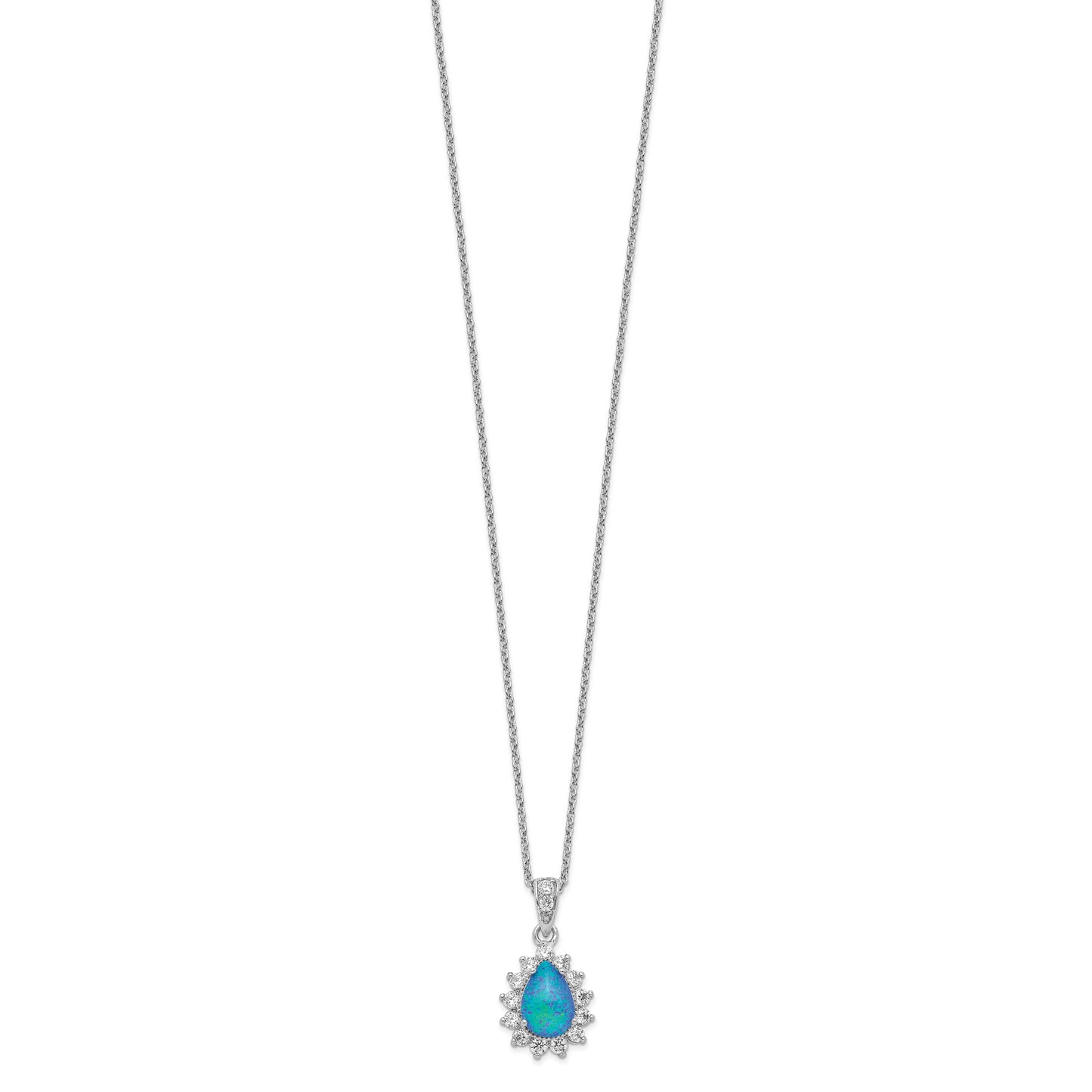 Sterling Silver Cheryl M Rhodium-Plated Cabochon Lab Created Blue Opal And Brilliant-Cut Cz Pear 18 Inch Necklace