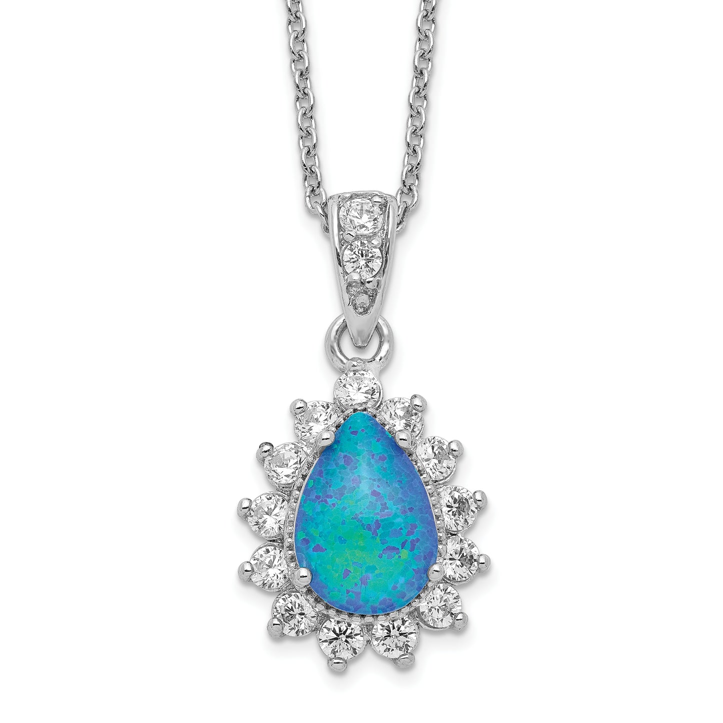 Sterling Silver Cheryl M Rhodium-Plated Cabochon Lab Created Blue Opal And Brilliant-Cut Cz Pear 18 Inch Necklace