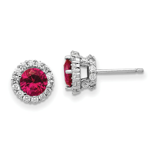 Sterling Silver Cheryl M Rhodium-Plated Brilliant-Cut Lab Created Ruby And White Cz Round Halo Post Earrings