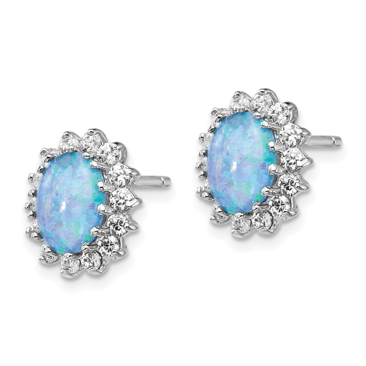 Sterling Silver Cheryl M Rhodium-Plated Cabochon Lab Created Blue Opal And Brilliant-Cut Cz Post Earrings