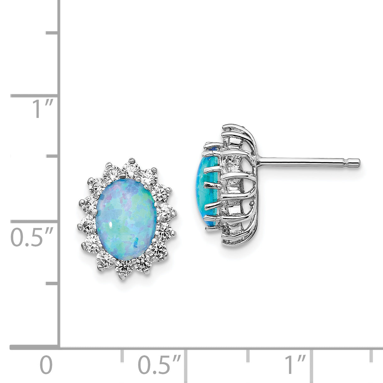 Sterling Silver Cheryl M Rhodium-Plated Cabochon Lab Created Blue Opal And Brilliant-Cut Cz Post Earrings