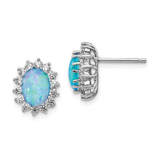 Sterling Silver Cheryl M Rhodium-Plated Cabochon Lab Created Blue Opal And Brilliant-Cut Cz Post Earrings