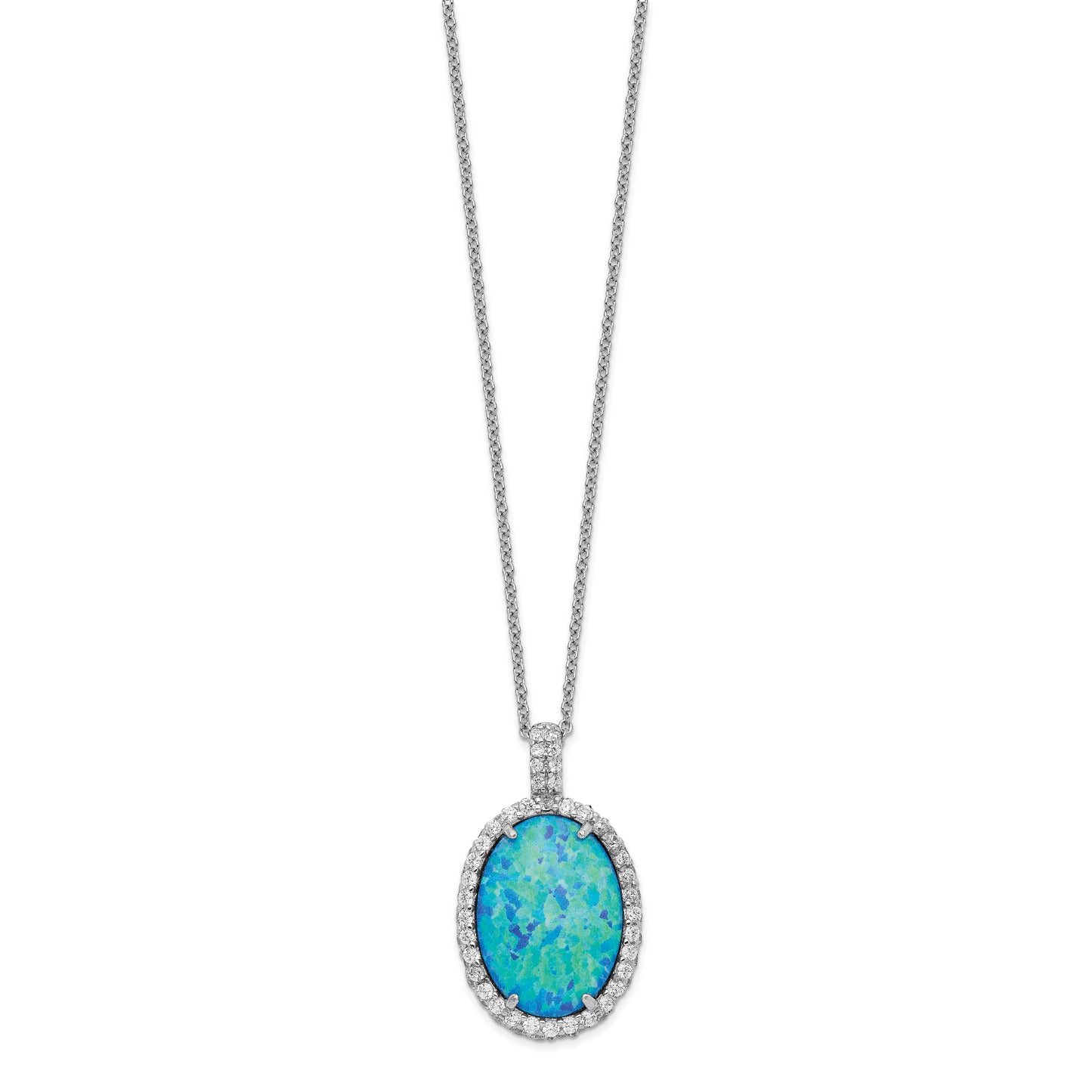 Sterling Silver Cheryl M Rhodium-Plated Cabochon Lab Created Blue Opal And Brilliant-Cut Cz Oval 18.5 Inch Necklace