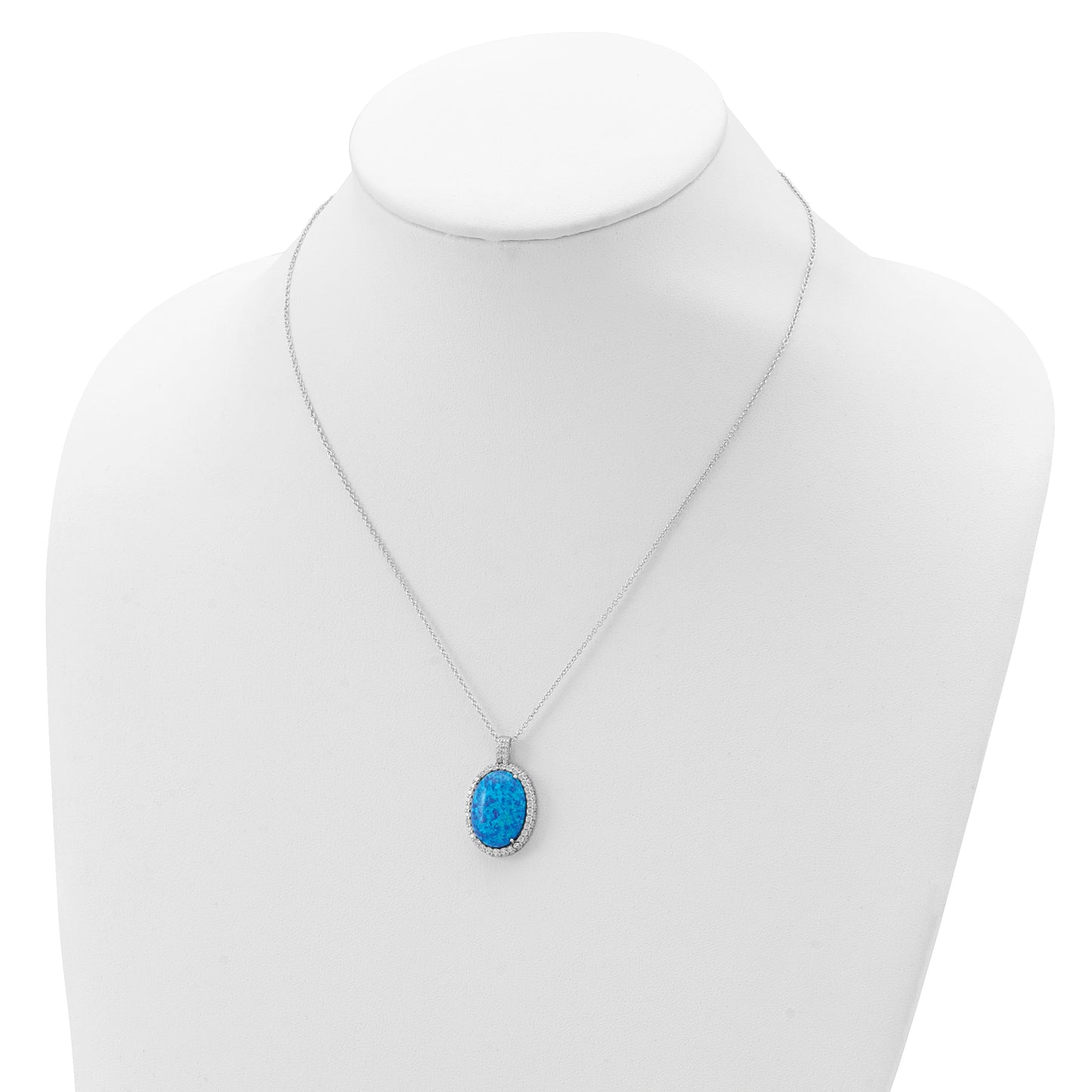 Sterling Silver Cheryl M Rhodium-Plated Cabochon Lab Created Blue Opal And Brilliant-Cut Cz Oval 18.5 Inch Necklace