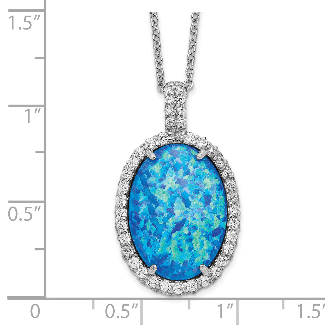 Sterling Silver Cheryl M Rhodium-Plated Cabochon Lab Created Blue Opal And Brilliant-Cut Cz Oval 18.5 Inch Necklace