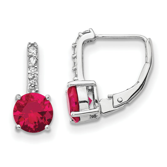 Sterling Silver Cheryl M Rhodium-Plated Brilliant-Cut Lab Created Ruby And White Cz Leverback Earrings