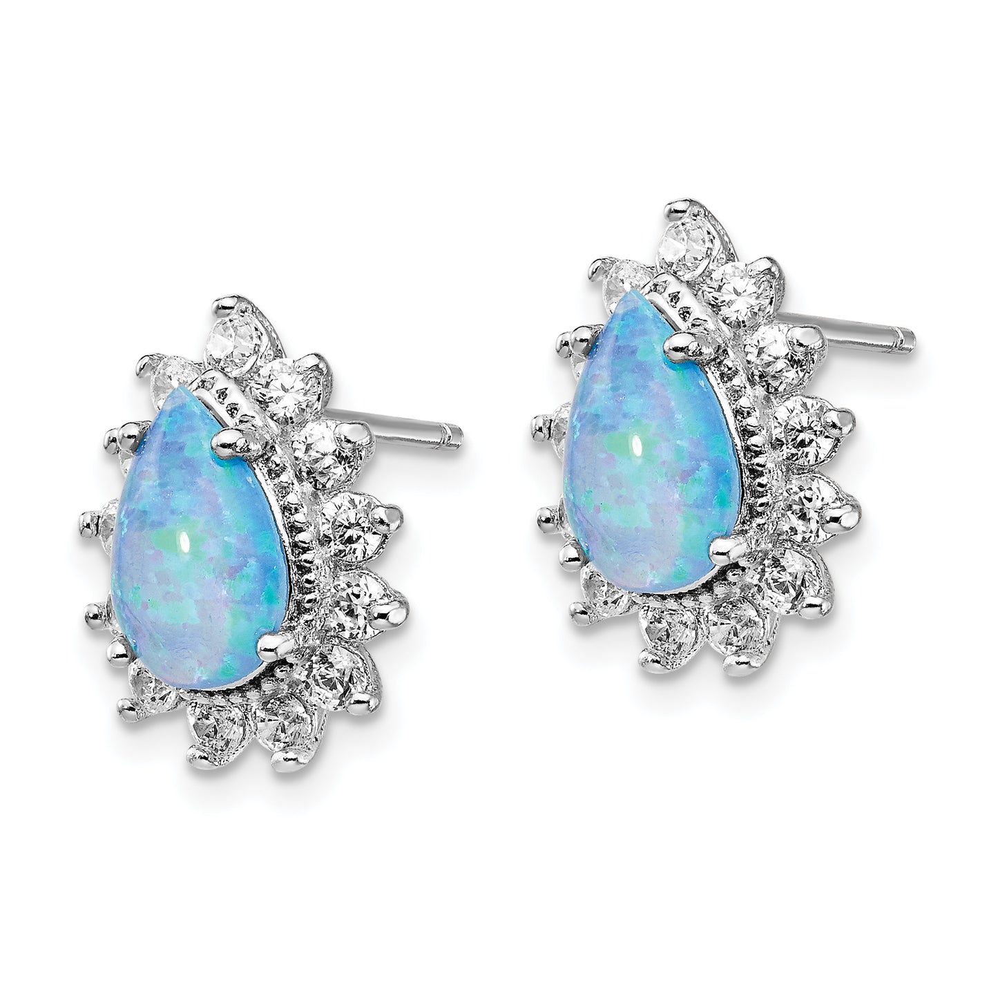 Sterling Silver Cheryl M Rhodium-Plated Cabochon Lab Created Blue Opal And Brilliant-Cut Cz Teardrop Shaped Post Earrings