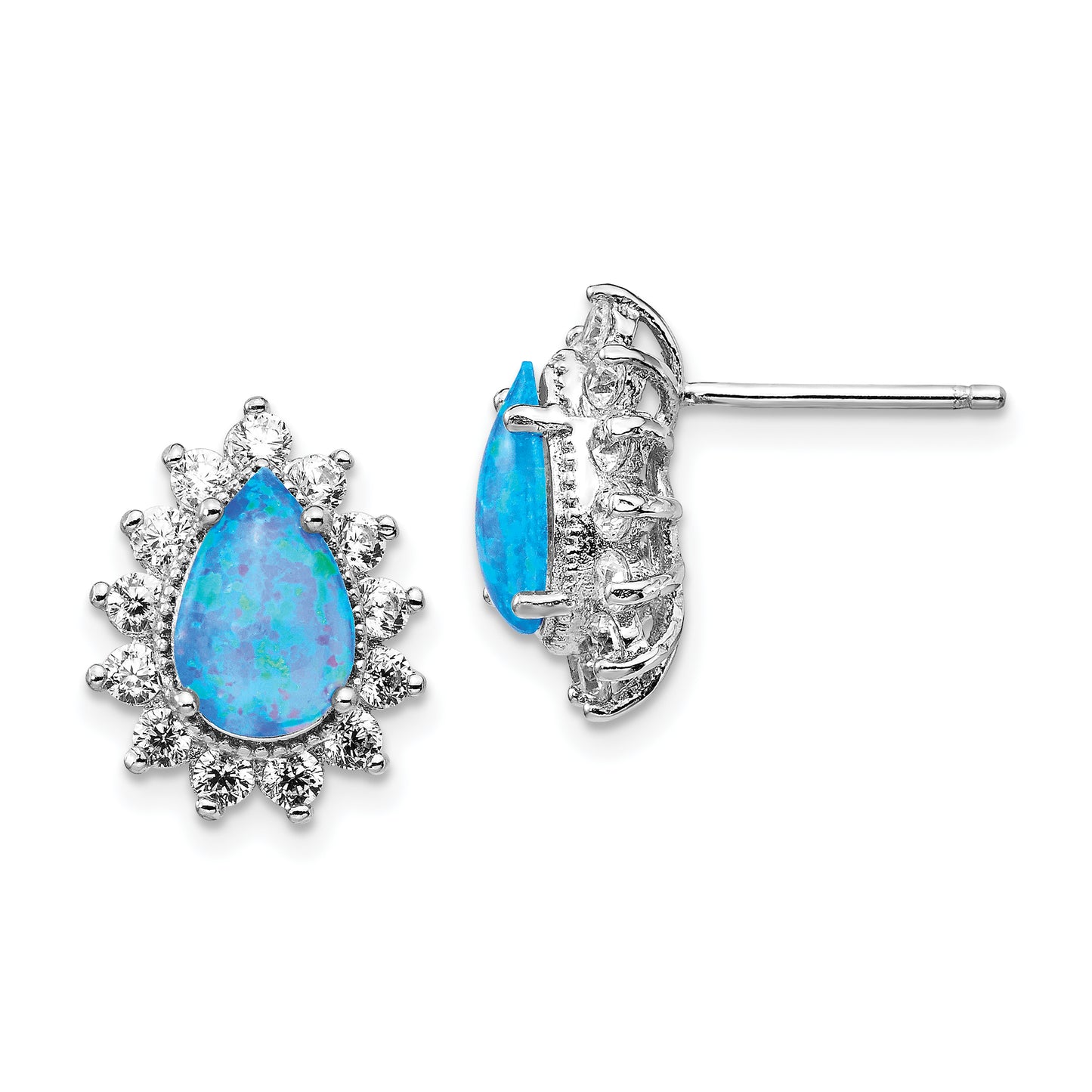 Sterling Silver Cheryl M Rhodium-Plated Cabochon Lab Created Blue Opal And Brilliant-Cut Cz Teardrop Shaped Post Earrings