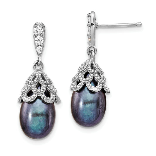 Sterling Silver Cheryl M Rhodium-Plated Black Teardrop Freshwater Cultured Pearl And Brilliant-Cut Cz Post Dangle Earrings