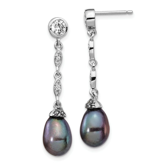 Sterling Silver Cheryl M Rhodium-Plated Black Teardrop Freshwater Cultured Pearl And Brilliant-Cut Cz Bezel Post Dangle Earrings