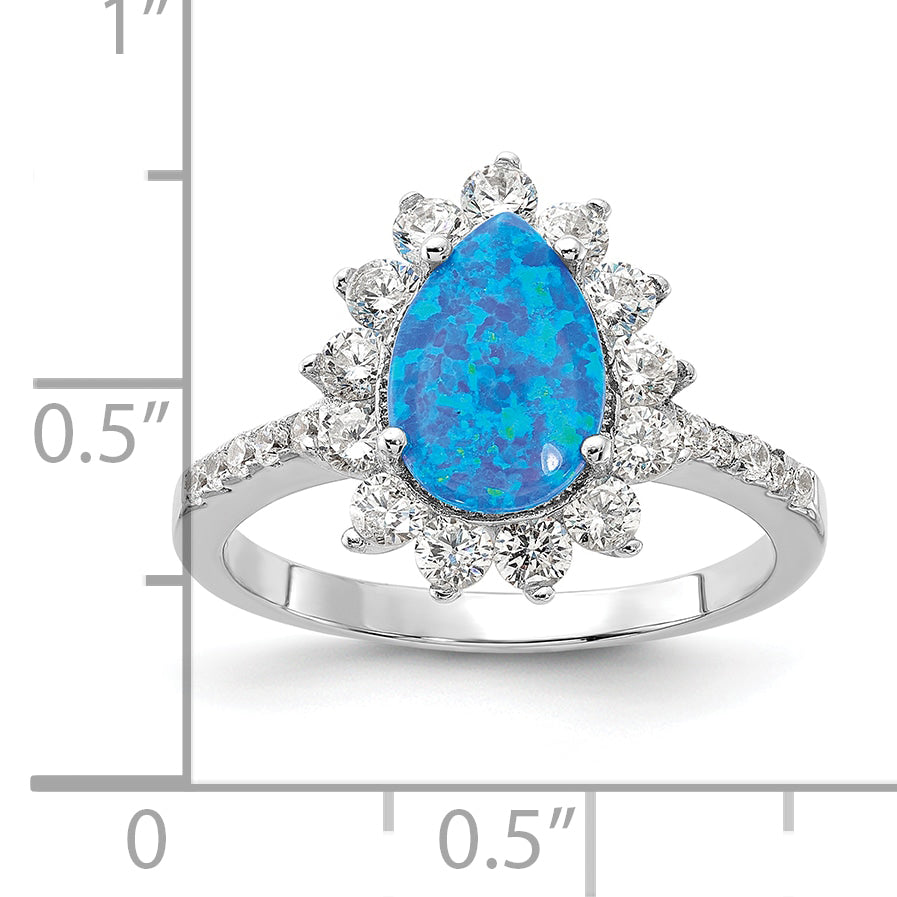 Sterling Silver Cheryl M Rhodium-Plated Cabochon Lab Created Blue Opal And Brilliant-Cut Cz Teardrop Shaped Ring