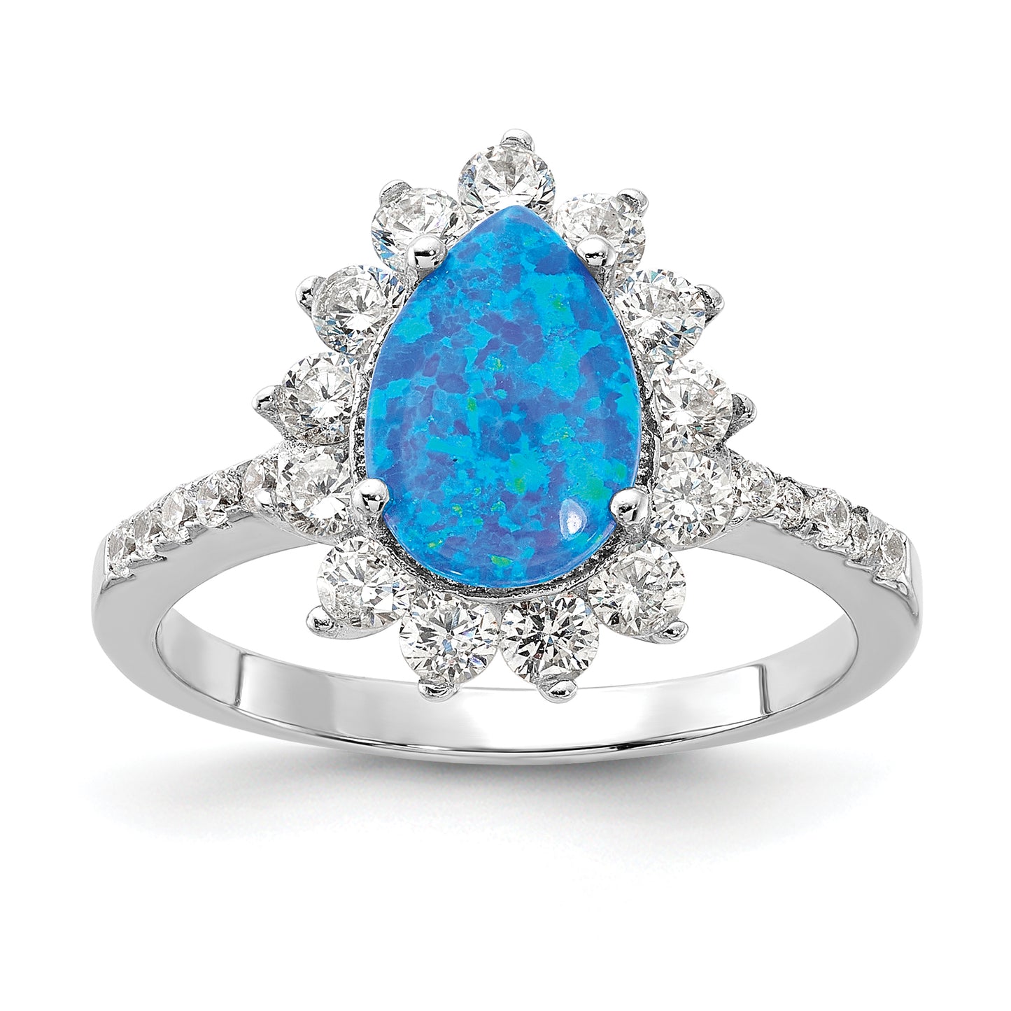 Sterling Silver Cheryl M Rhodium-Plated Cabochon Lab Created Blue Opal And Brilliant-Cut Cz Teardrop Shaped Ring