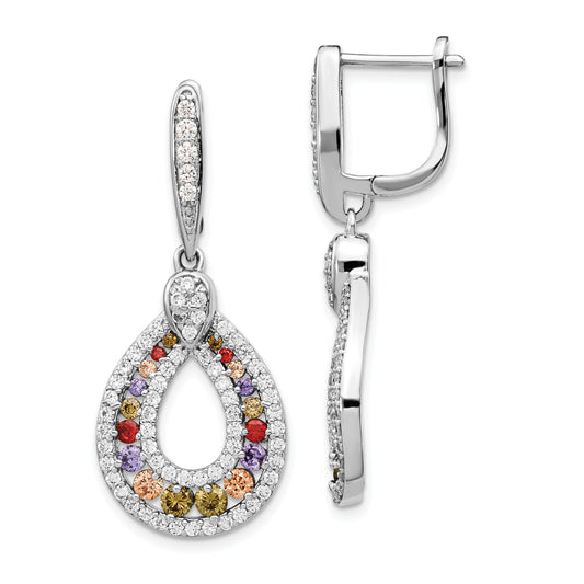 Sterling Silver Cheryl M Rhodium-Plated Multi-Color Brilliant-Cut Cz Teardrop Hinged Post Dangle Earrings