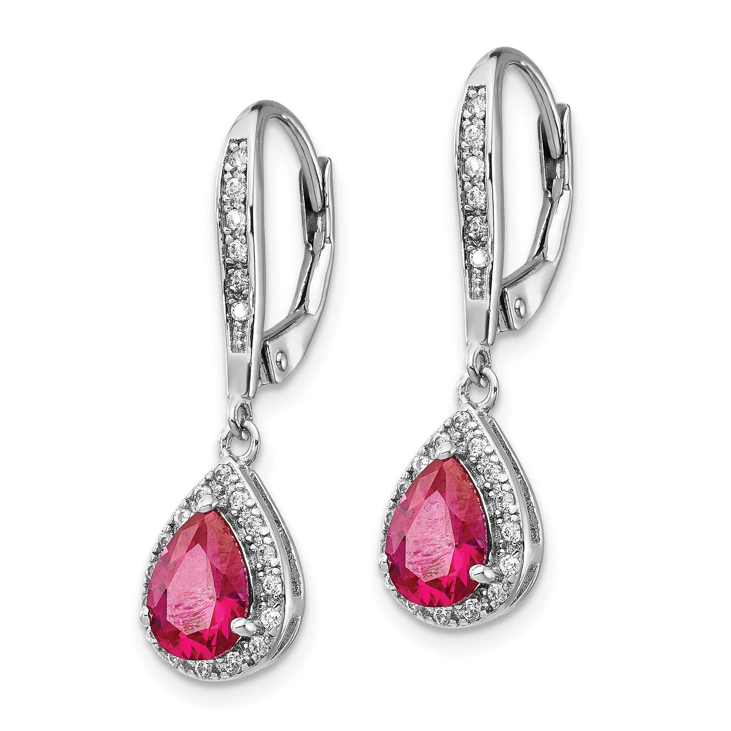 Sterling Silver Cheryl M Rhodium-Plated Brilliant-Cut Lab Created Ruby And White Cz Teardrop Leverback Dangle Earrings