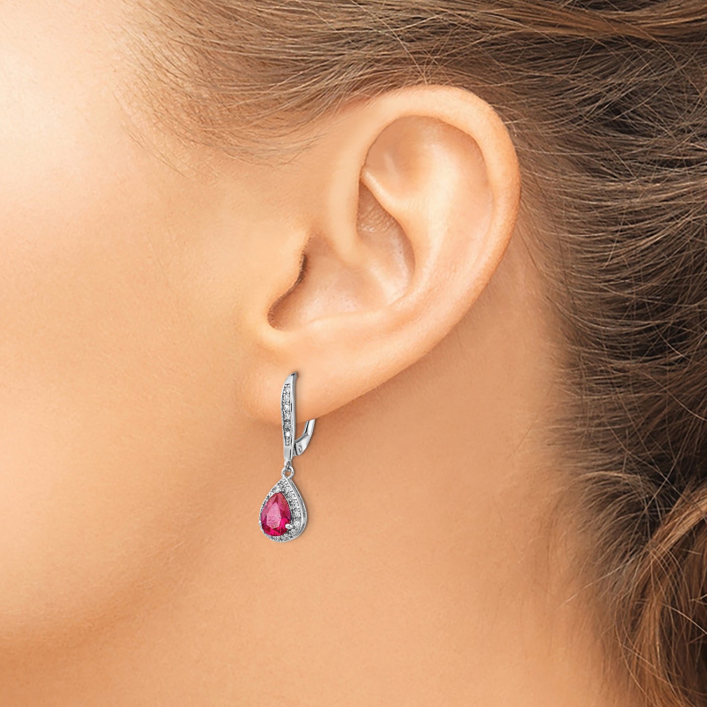 Sterling Silver Cheryl M Rhodium-Plated Brilliant-Cut Lab Created Ruby And White Cz Teardrop Leverback Dangle Earrings