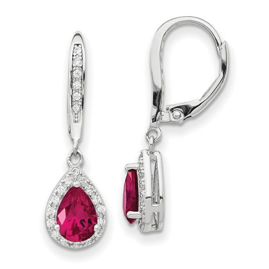 Sterling Silver Cheryl M Rhodium-Plated Brilliant-Cut Lab Created Ruby And White Cz Teardrop Leverback Dangle Earrings