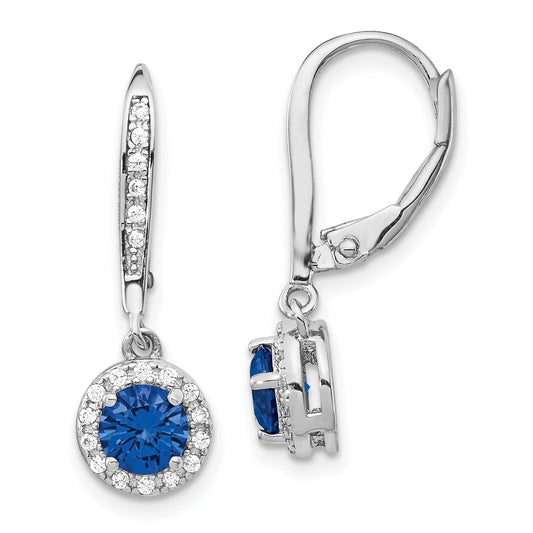 Sterling Silver Cheryl M Rhodium-Plated Brilliant-Cut Lab Created Dark Blue Spinel And White Cz Round Halo Leverback Dangle Earrings