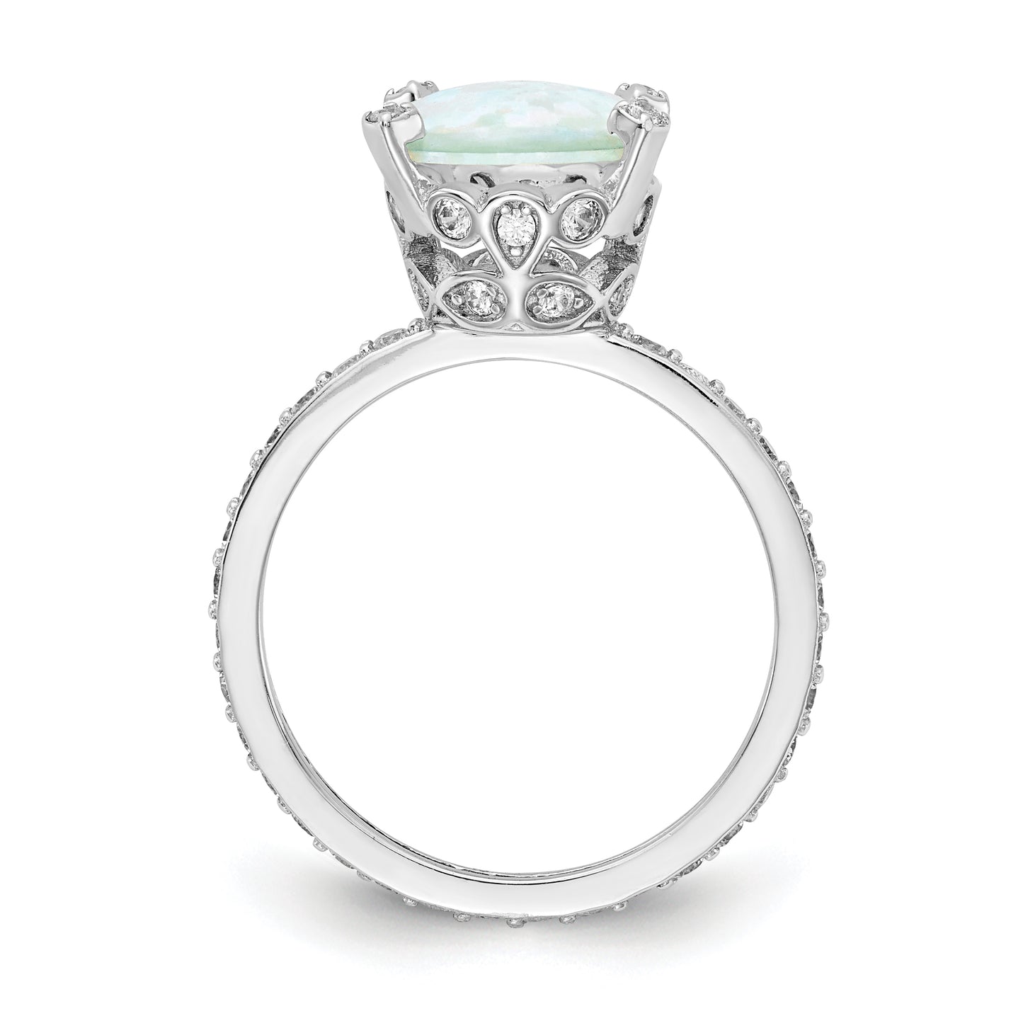 Sterling Silver Cheryl M Rhodium-Plated Cabochon Lab Created Opal And Brilliant-Cut Cz Oval With Side Stones Ring