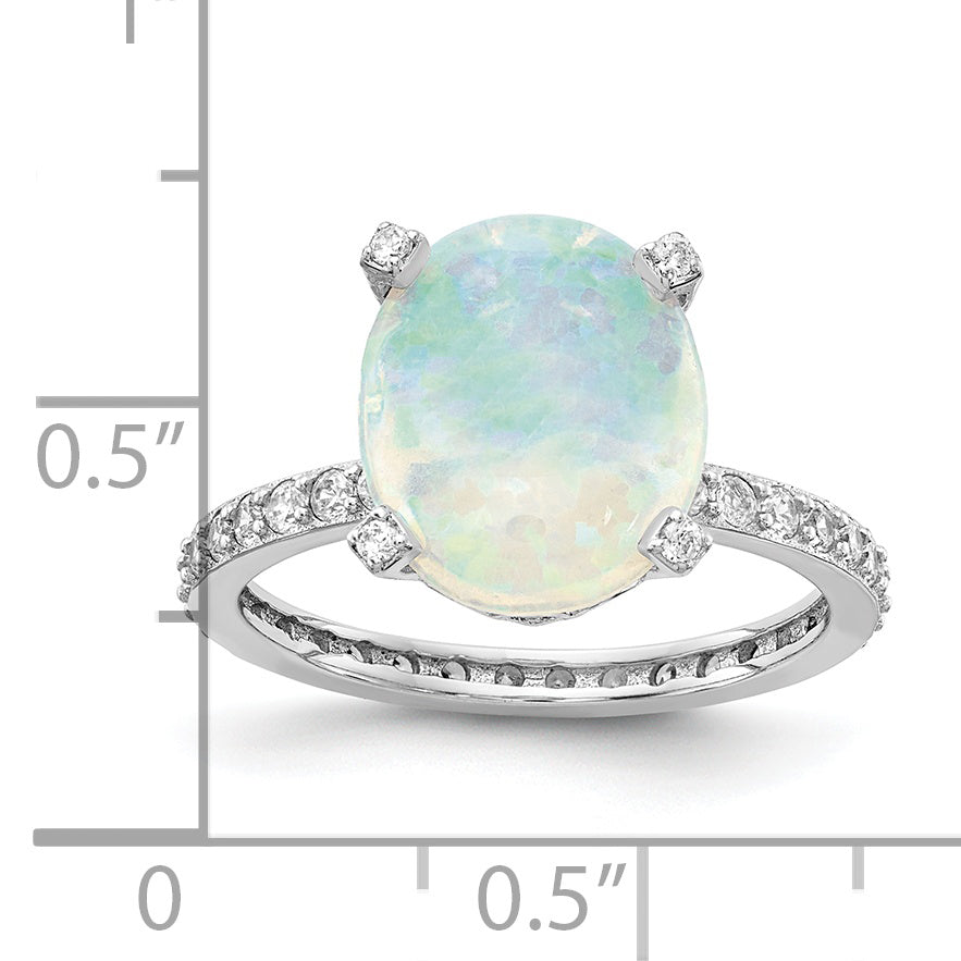 Sterling Silver Cheryl M Rhodium-Plated Cabochon Lab Created Opal And Brilliant-Cut Cz Oval With Side Stones Ring