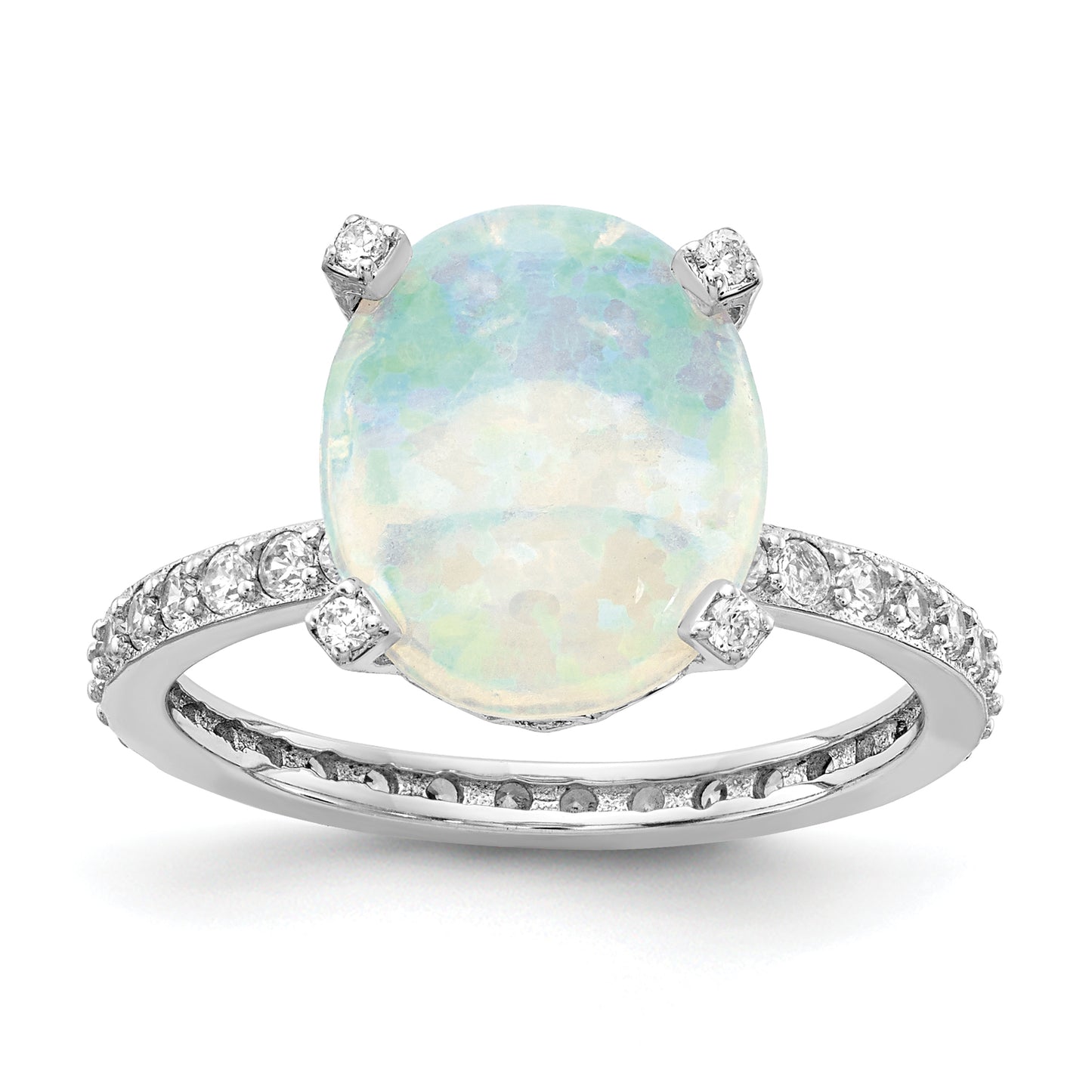 Sterling Silver Cheryl M Rhodium-Plated Cabochon Lab Created Opal And Brilliant-Cut Cz Oval With Side Stones Ring