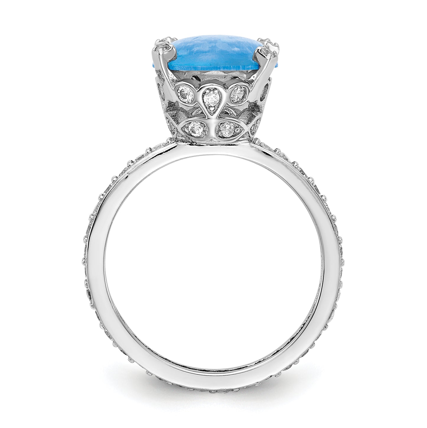 Sterling Silver Cheryl M Rhodium-Plated Cabochon Lab Created Blue Opal And Brilliant-Cut Cz Oval With Side Stones Ring