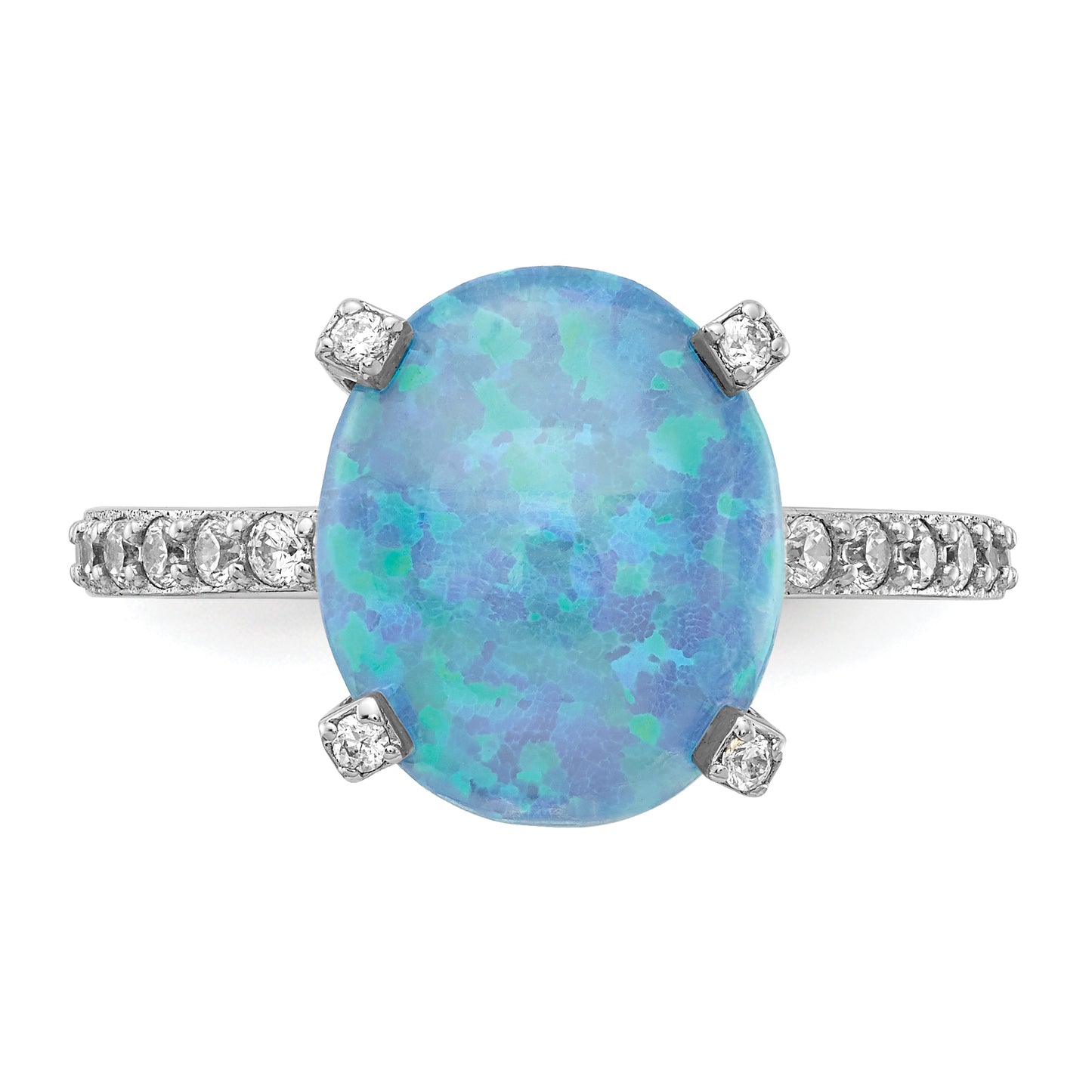 Sterling Silver Cheryl M Rhodium-Plated Cabochon Lab Created Blue Opal And Brilliant-Cut Cz Oval With Side Stones Ring